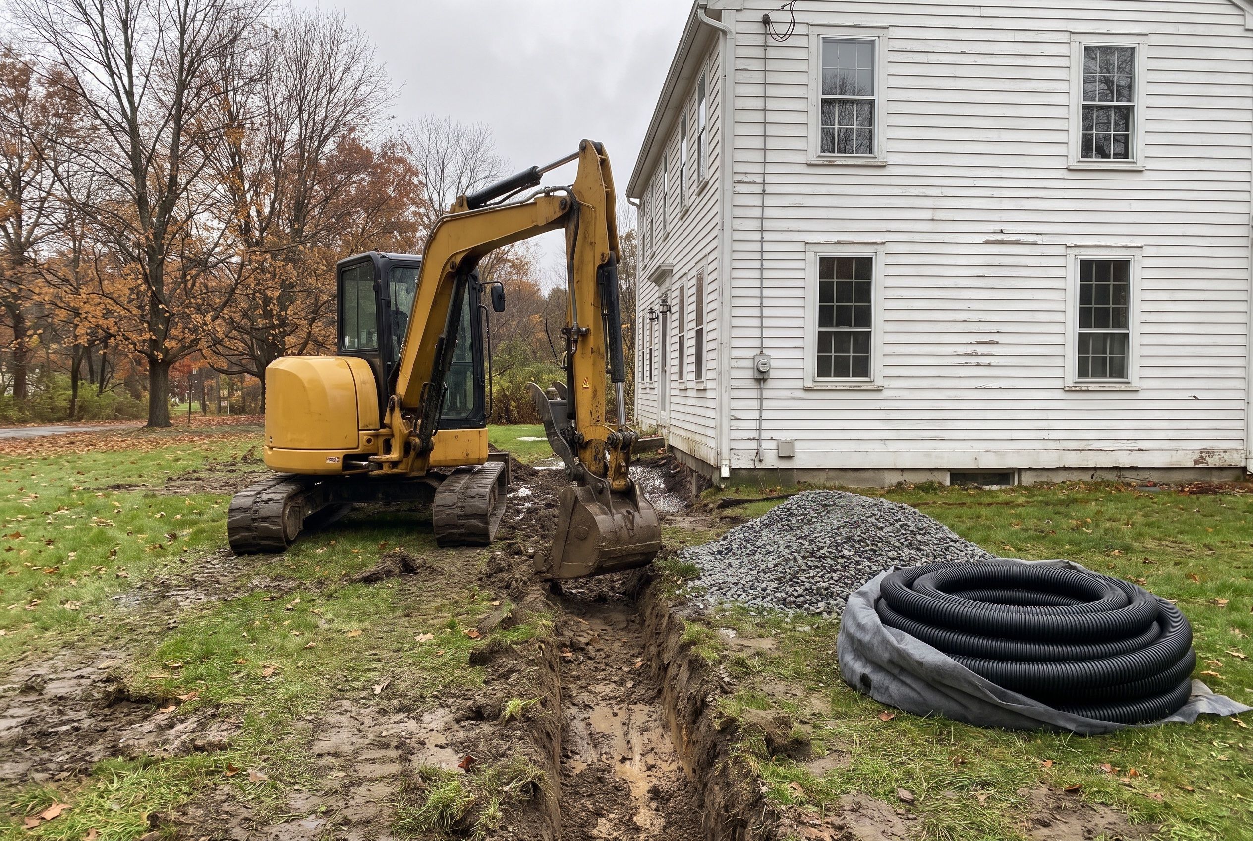 Drainage trench dug beside a house